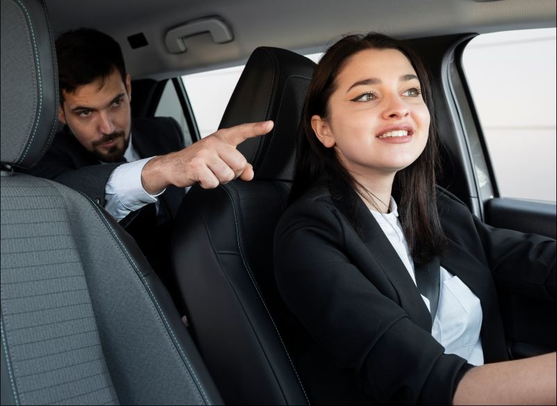 A woman is driving a car